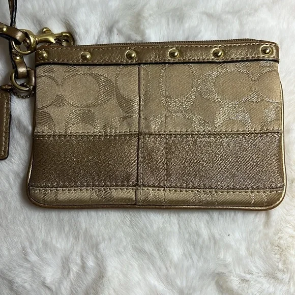 Coach Signature Stripe Studded Gold Metallic Lurex & Leather Wristlet - Picture 5 of 9